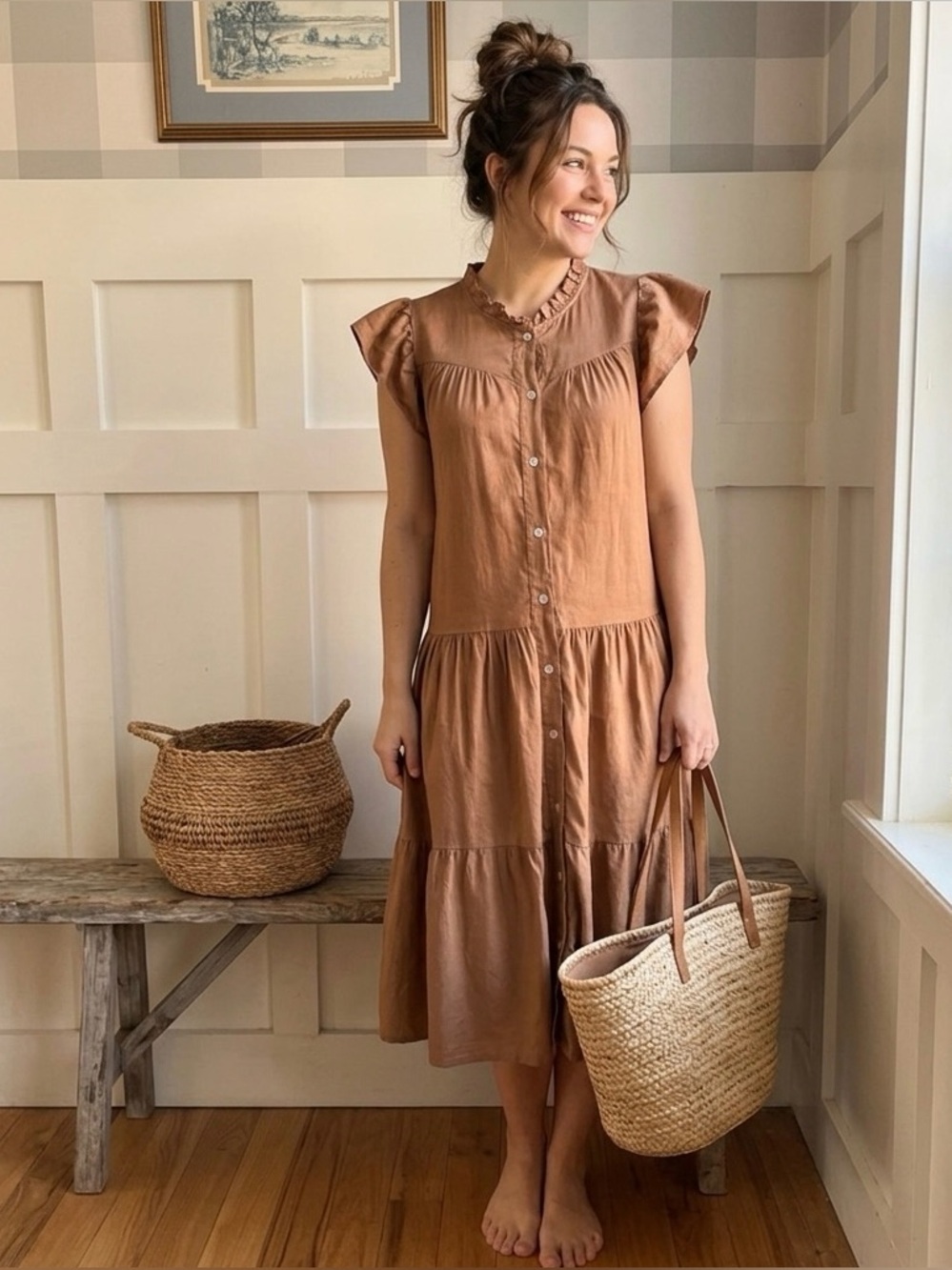 dylan Brown Button-Front Tiered Midi Dress
